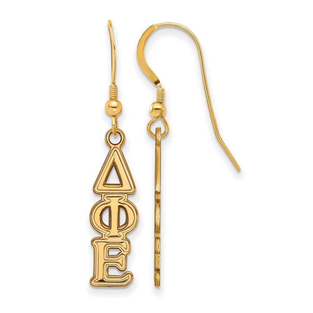 14K Plated Silver Delta Phi Epsilon Dangle Small Earrings, Item E17626 by The Black Bow Jewelry Co.