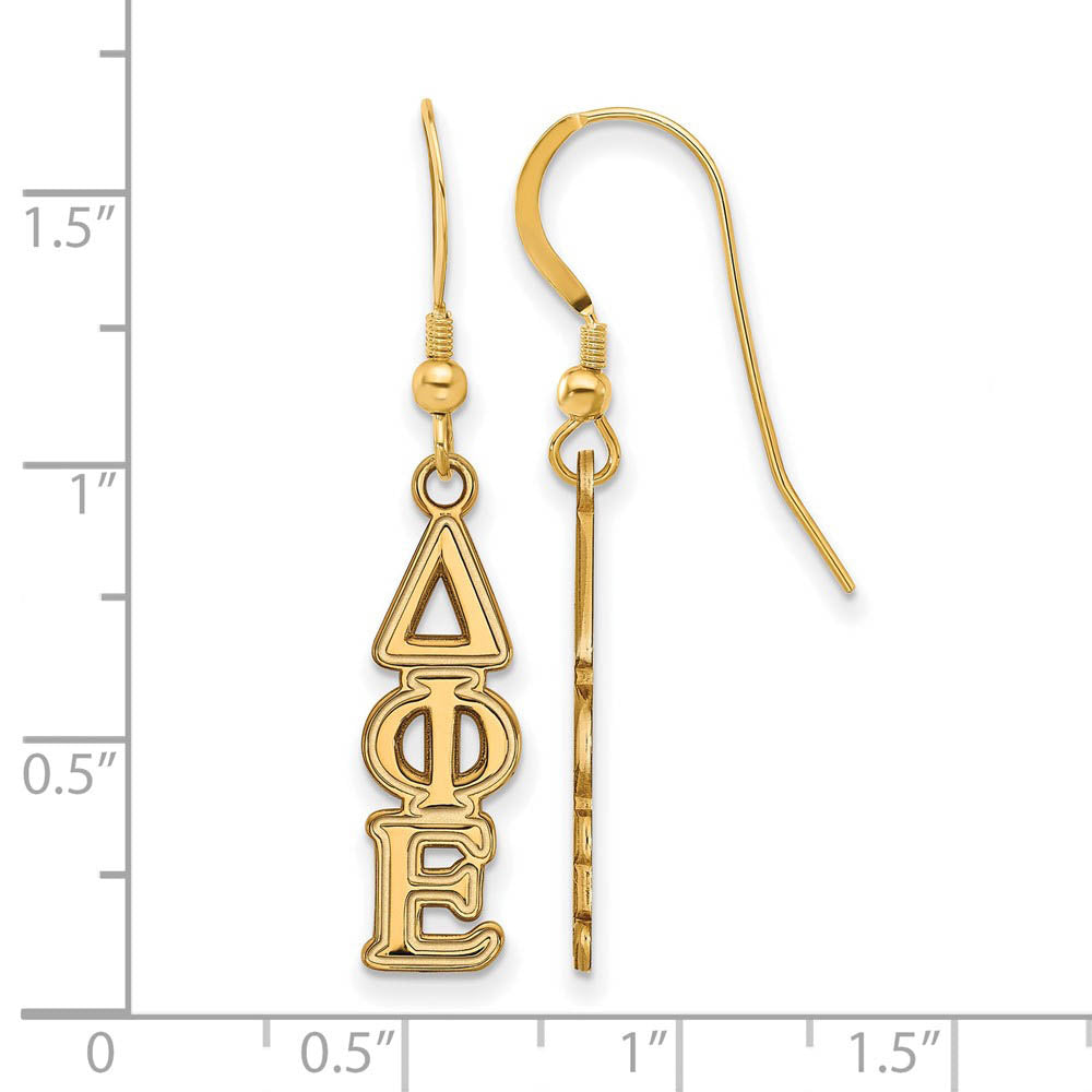 Alternate view of the 14K Plated Silver Delta Phi Epsilon Dangle Small Earrings by The Black Bow Jewelry Co.