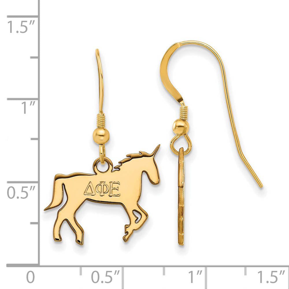 Alternate view of the 14K Plated Silver Delta Phi Epsilon Small Dangle Earrings by The Black Bow Jewelry Co.