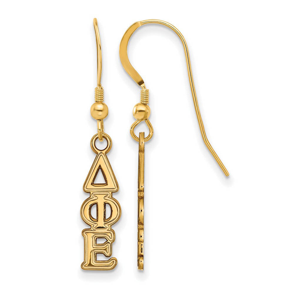 14K Plated Silver Delta Phi Epsilon XS Dangle Earrings, Item E17628 by The Black Bow Jewelry Co.