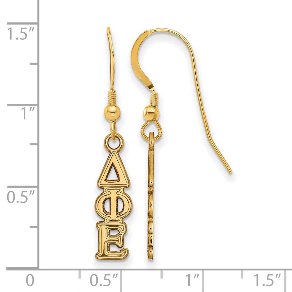 Alternate view of the 14K Plated Silver Delta Phi Epsilon XS Dangle Earrings by The Black Bow Jewelry Co.