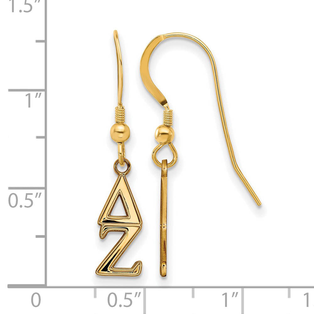 Alternate view of the 14K Plated Silver Delta Zeta XS Dangle Earrings by The Black Bow Jewelry Co.
