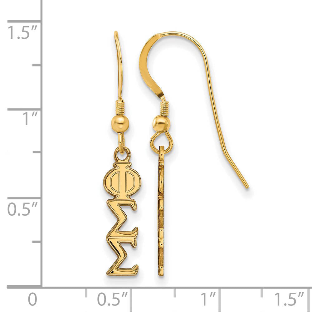 Alternate view of the 14K Plated Silver Small Phi Sigma Sigma Dangle Earrings by The Black Bow Jewelry Co.