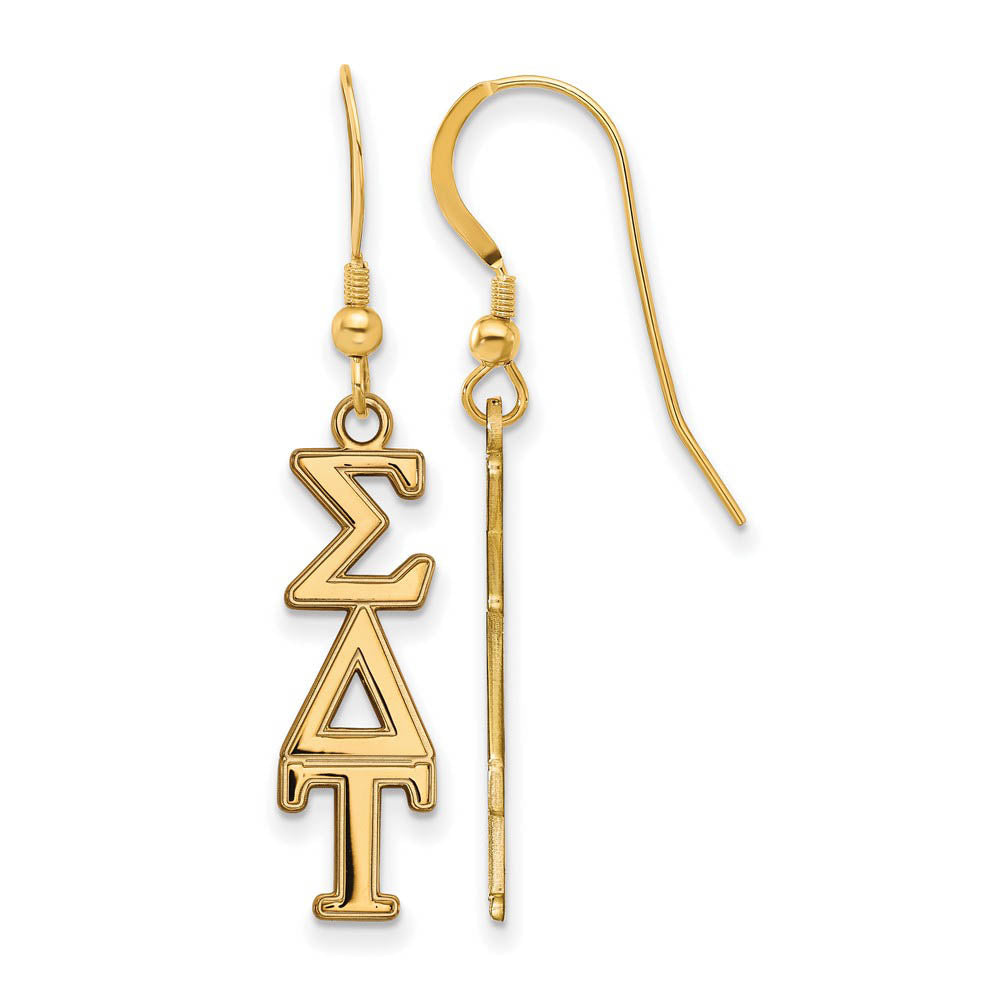 14K Plated Silver Sigma Delta Tau Dangle Medium Earrings, Item E17653 by The Black Bow Jewelry Co.