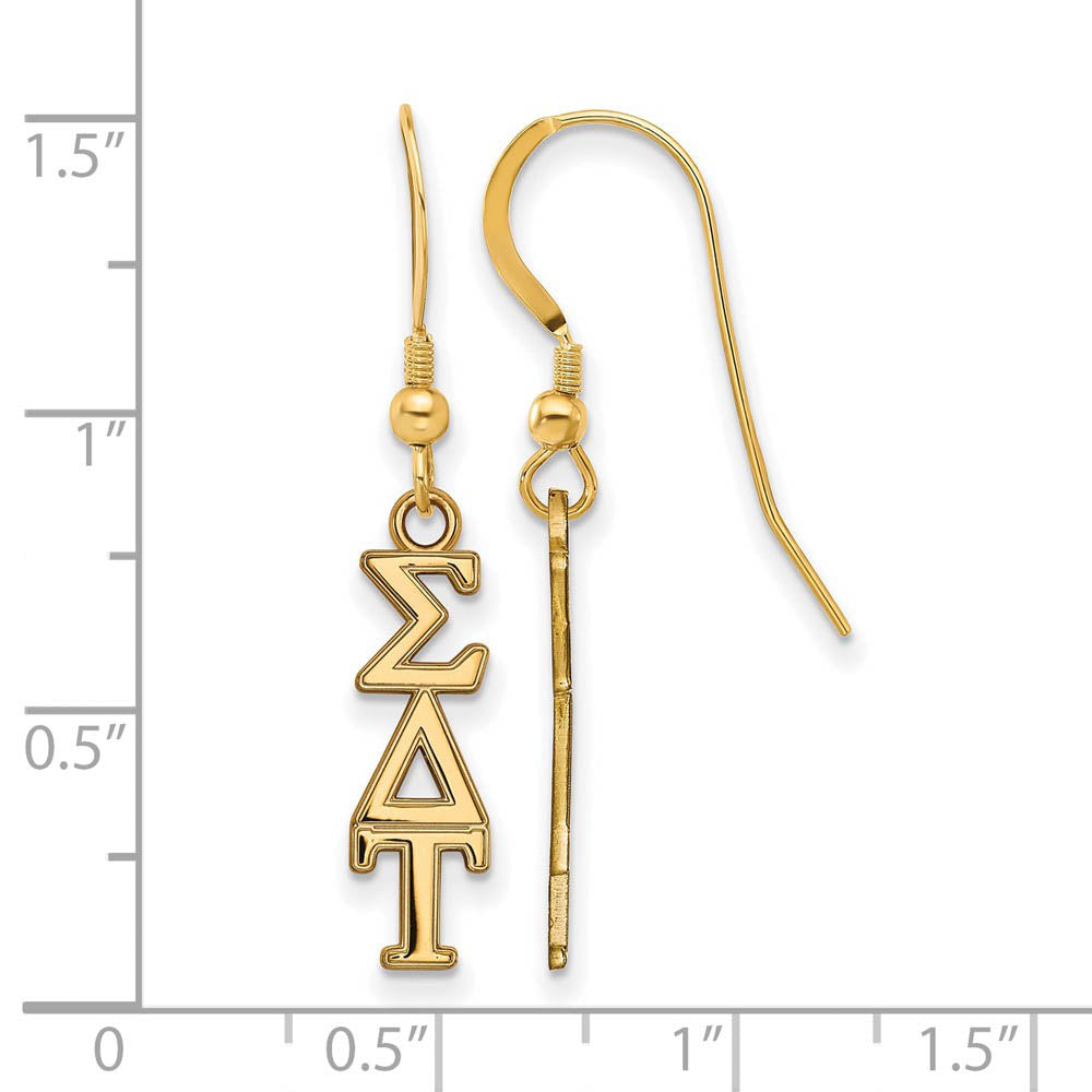 Alternate view of the 14K Plated Silver Sigma Delta Tau XS Dangle Earrings by The Black Bow Jewelry Co.