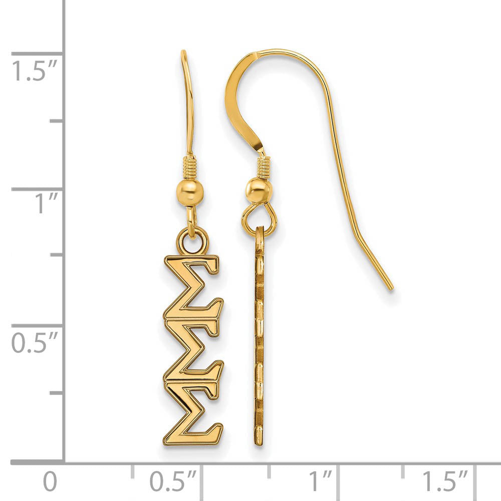 Alternate view of the 14K Plated Silver Small Sigma Sigma Sigma Dangle Earrings by The Black Bow Jewelry Co.