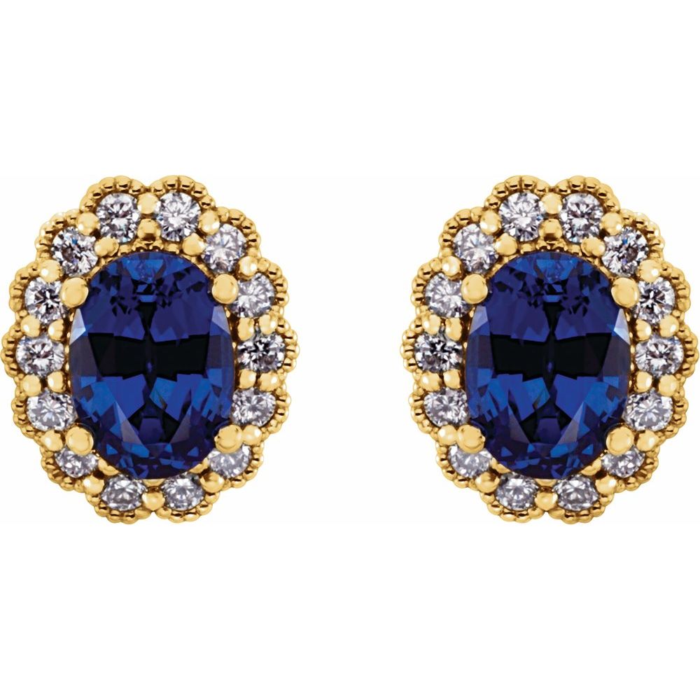 Alternate view of the 14k Yellow Gold Lab Created Sapphire &amp; 1/3CTW Diamond Earrings, 9x11mm by The Black Bow Jewelry Co.