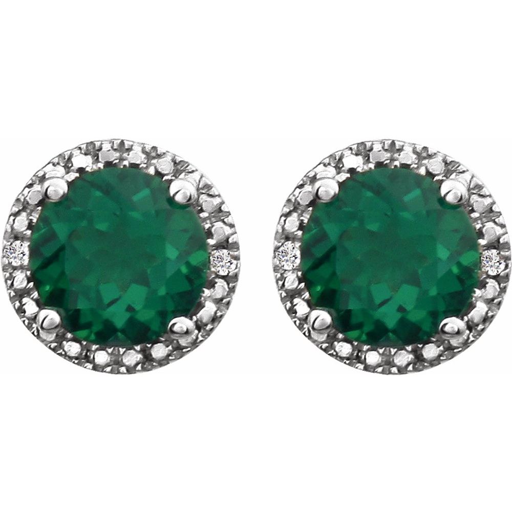 Sterling Silver, Lab Created Emerald & Diamond 8mm Halo Earrings, Item E17669-CE by The Black Bow Jewelry Co.