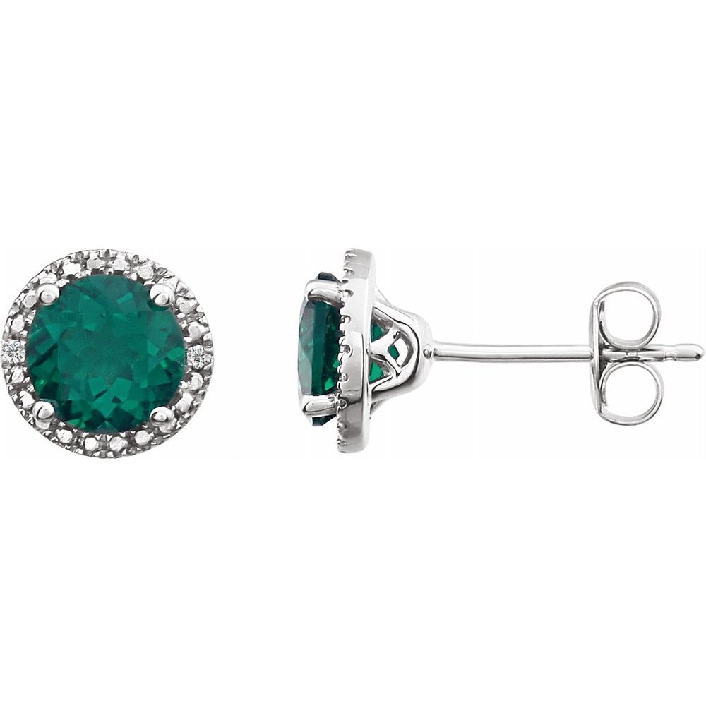 Alternate view of the Sterling Silver, Lab Created Emerald & Diamond 8mm Halo Earrings by The Black Bow Jewelry Co.