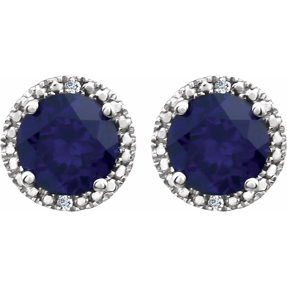 Sterling Silver, Created Blue Sapphire & Diamond 8mm Halo Earrings, Item E17669-CS by The Black Bow Jewelry Co.