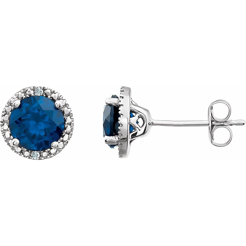 Alternate view of the Sterling Silver, Created Blue Sapphire & Diamond 8mm Halo Earrings by The Black Bow Jewelry Co.