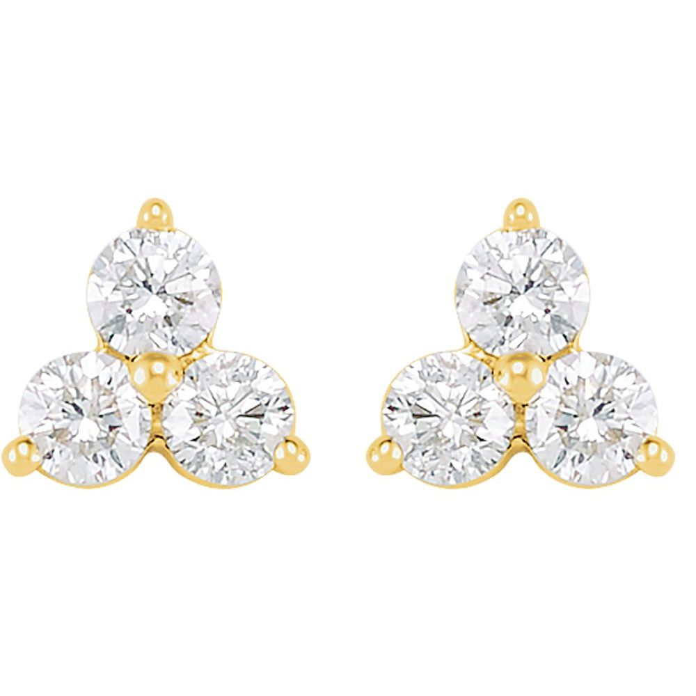 Alternate view of the 14k Yellow Gold & Diamond Three-Stone Post Earrings by The Black Bow Jewelry Co.