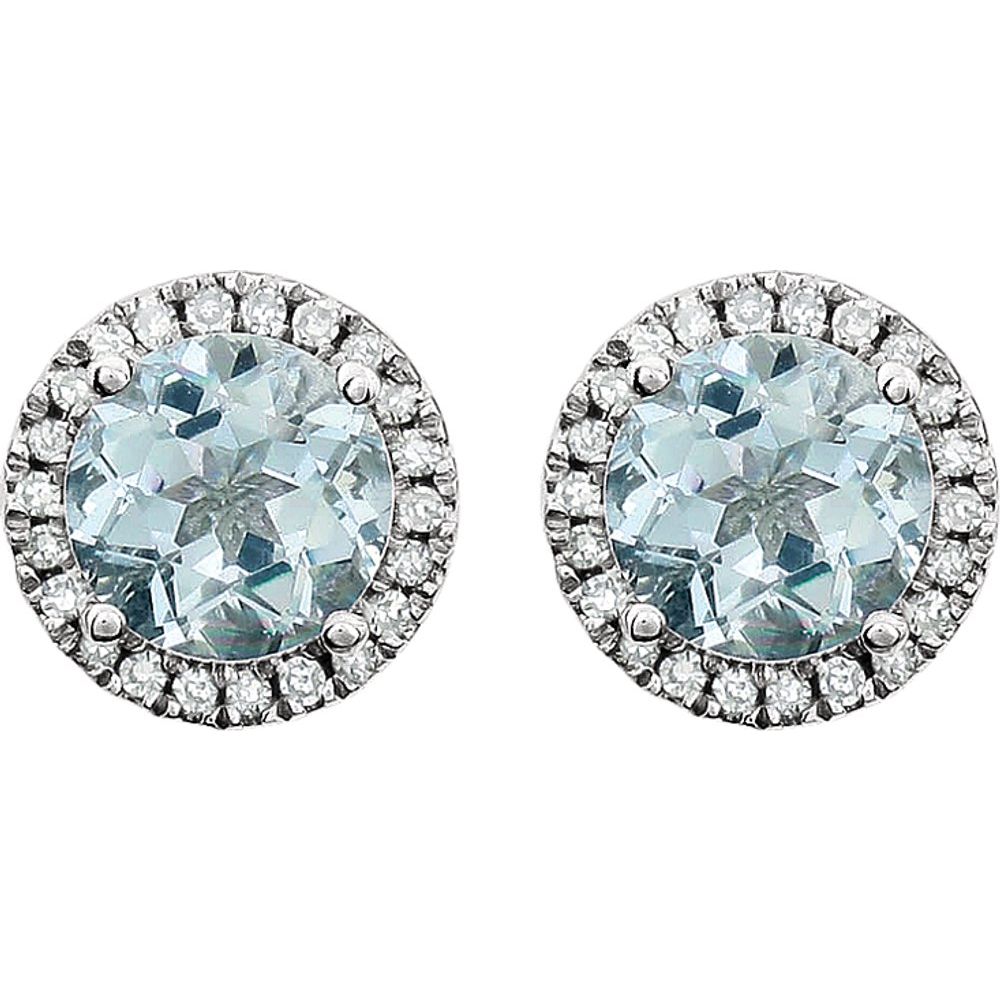8mm Halo Style Aquamarine & Diamond Earrings in 14k White Gold, Item E17679 by The Black Bow Jewelry Co.