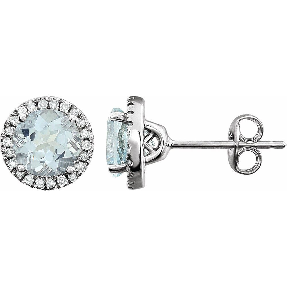Alternate view of the 8mm Halo Style Aquamarine & Diamond Earrings in 14k White Gold by The Black Bow Jewelry Co.