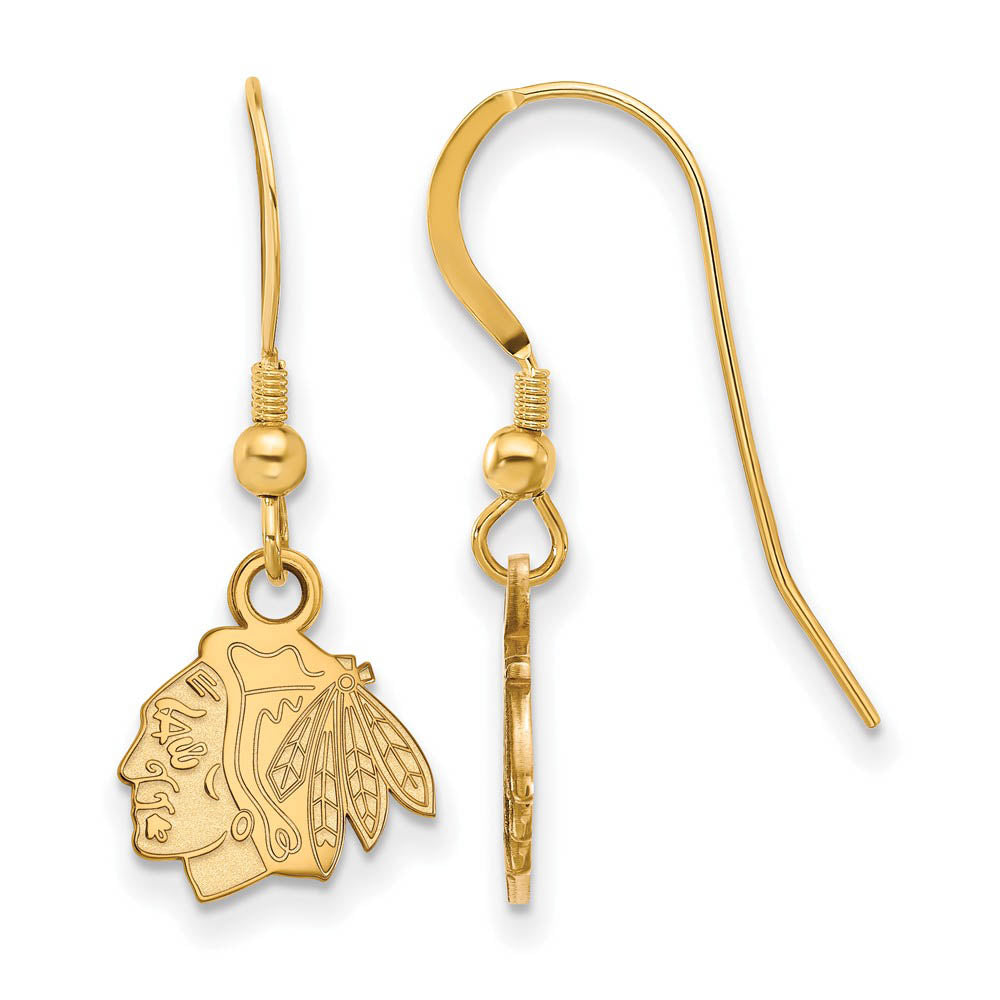 SS 14k Yellow Gold Plated NHL Chicago Blackhawks XS Dangle Earrings, Item E17924 by The Black Bow Jewelry Co.