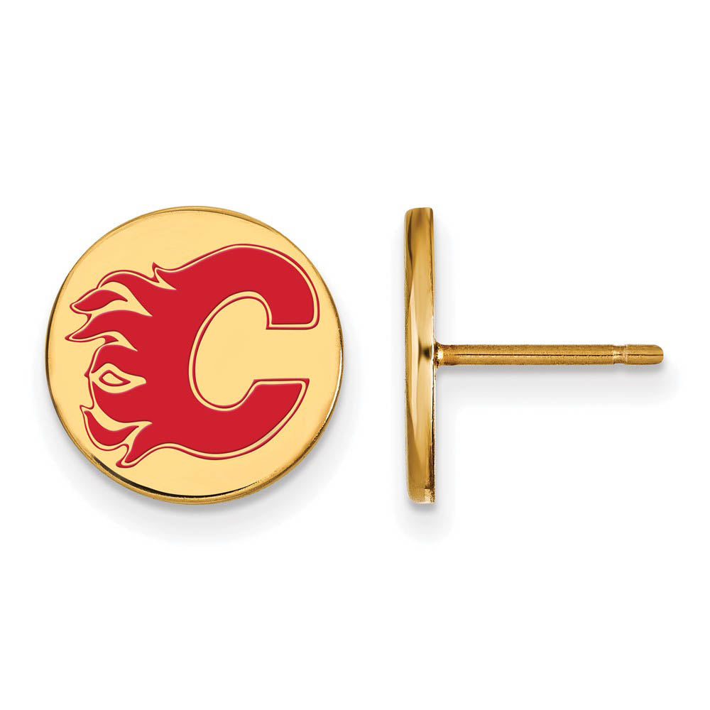 SS 14k Yellow Gold Plated NHL Calgary Flames SM Enamel Post Earrings, Item E17986 by The Black Bow Jewelry Co.