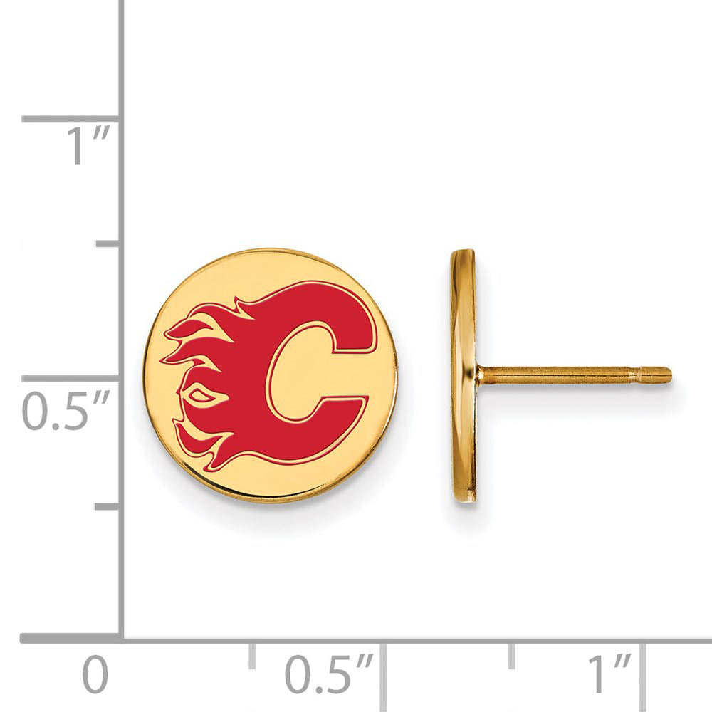 Alternate view of the SS 14k Yellow Gold Plated NHL Calgary Flames SM Enamel Post Earrings by The Black Bow Jewelry Co.