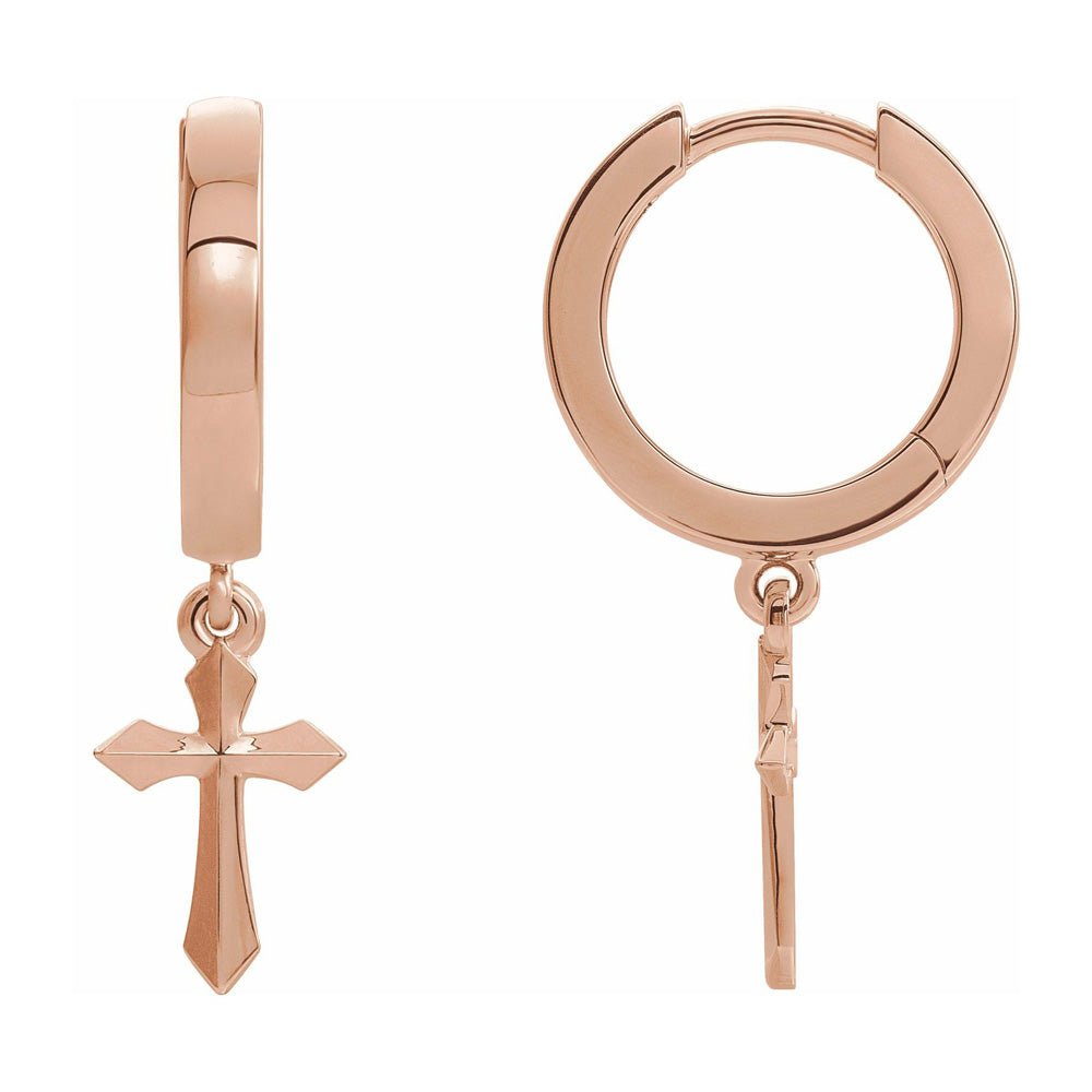 14K Yellow, White or Rose Gold Cross Drop Hoop Earrings, 14 x 26mm, Item E18493 by The Black Bow Jewelry Co.
