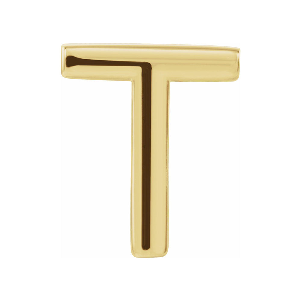 Single, 14k Yellow Gold Initial T Post Earring, 6.75 x 8mm, Item E18498-T by The Black Bow Jewelry Co.