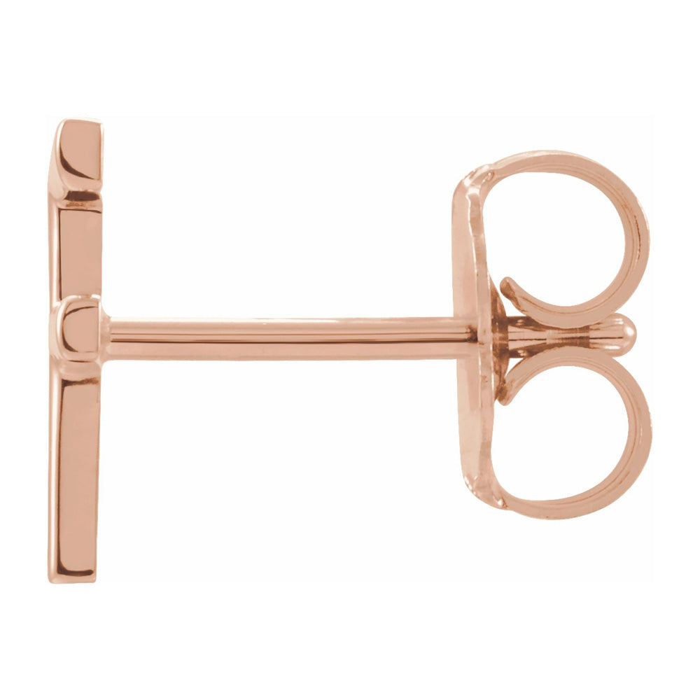 Alternate view of the Single, 14k Rose Gold Initial F Post Earring, 5.25 x 8mm by The Black Bow Jewelry Co.