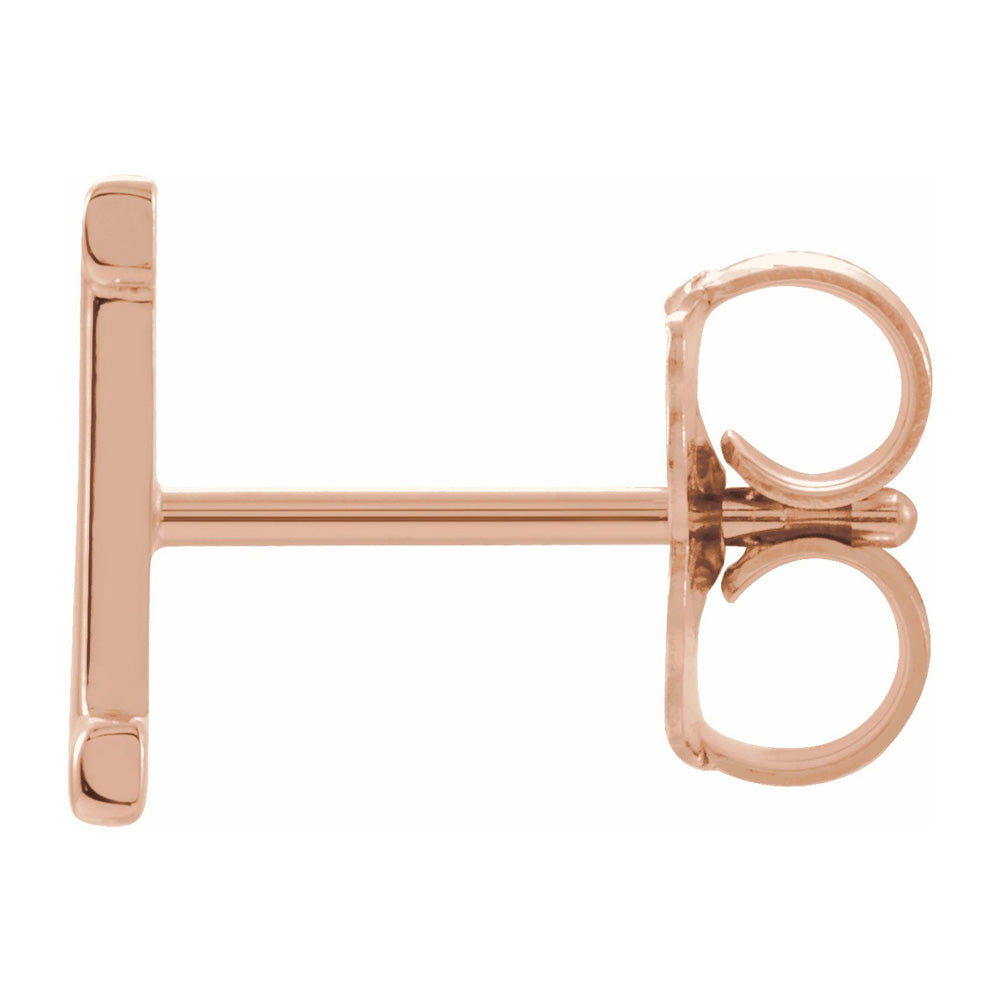 Alternate view of the Single, 14k Rose Gold Initial I Post Earring, 4.5 x 8mm by The Black Bow Jewelry Co.