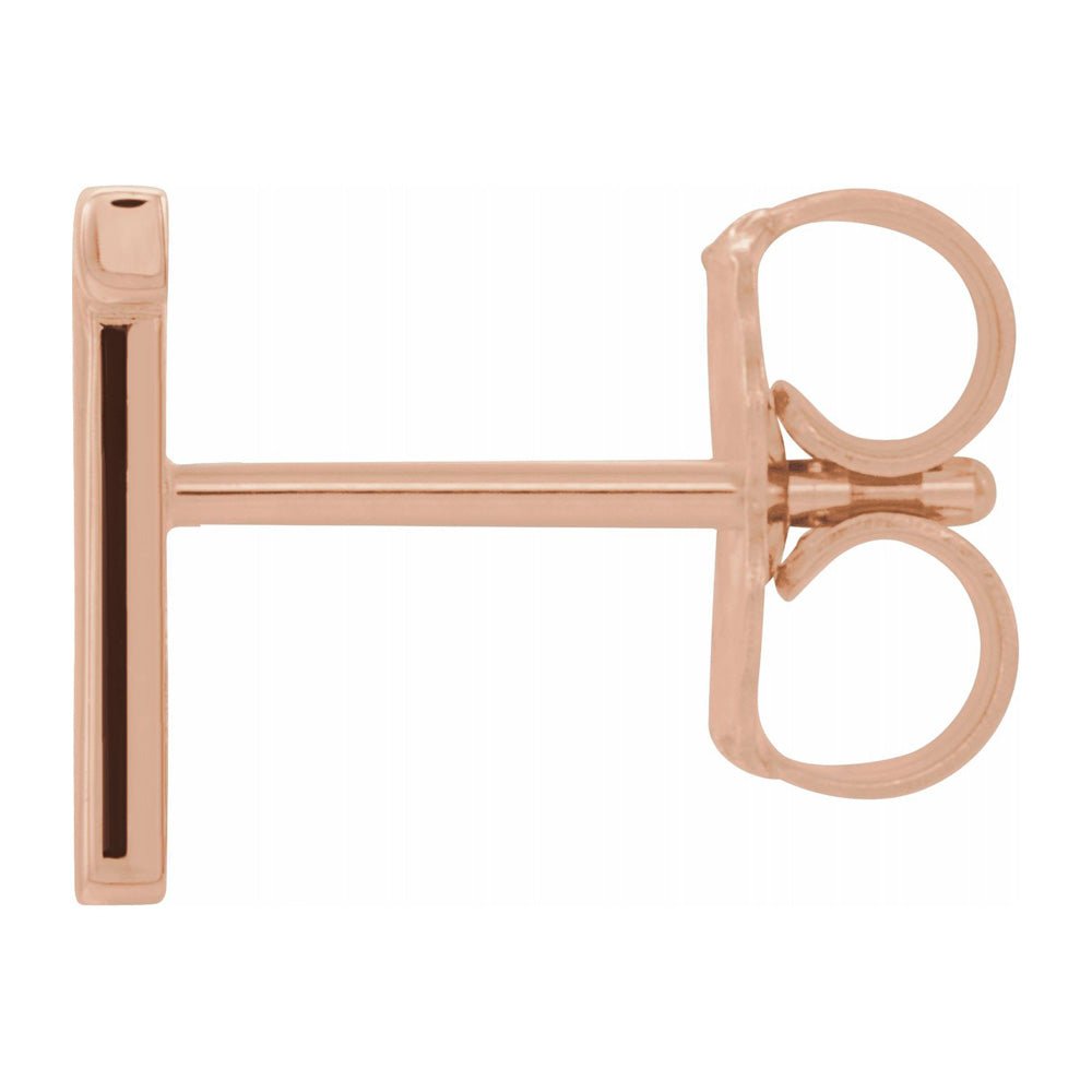 Alternate view of the Single, 14k Rose Gold Initial T Post Earring, 6.75 x 8mm by The Black Bow Jewelry Co.