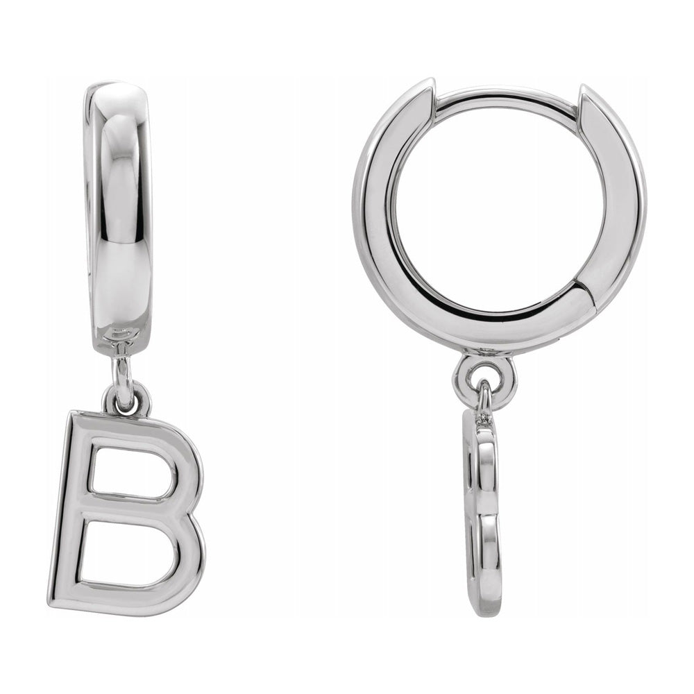 Single, 14k White Gold Initial B Dangle Hoop Earring, 6 x 21mm, Item E18502-B by The Black Bow Jewelry Co.