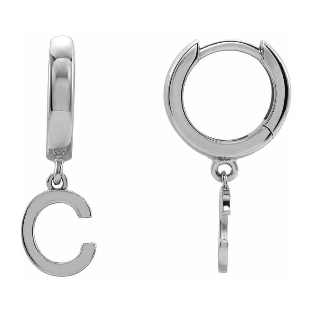 Alternate view of the Single, 14k White Gold Initial A-Z Dangle Hoop Earring, 21mm by The Black Bow Jewelry Co.