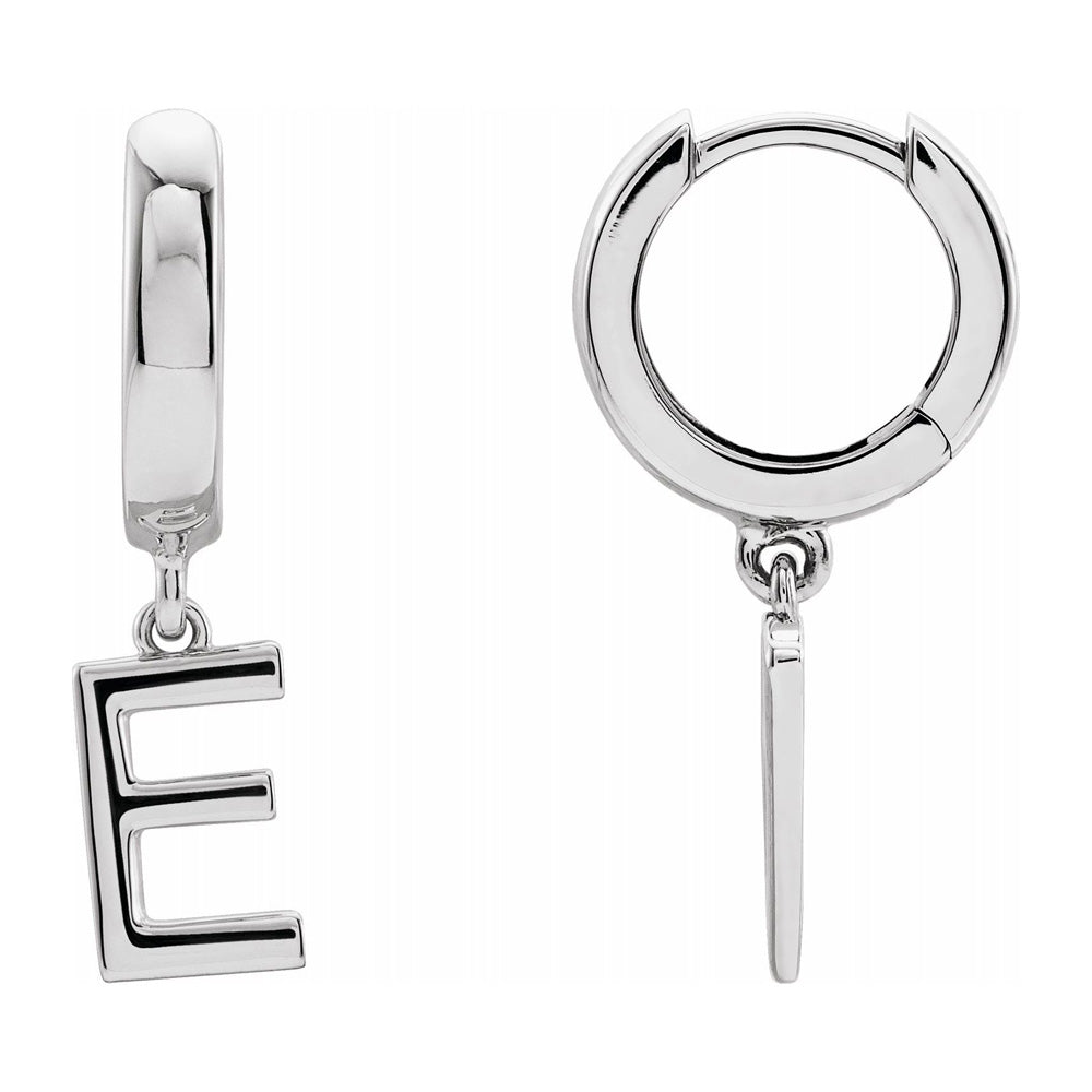Single, 14k White Gold Initial E Dangle Hoop Earring, 5.25 x 21mm, Item E18502-E by The Black Bow Jewelry Co.