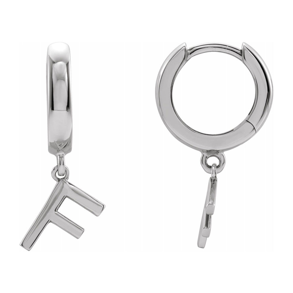 Single, 14k White Gold Initial F Dangle Hoop Earring, 6.5 x 21mm, Item E18502-F by The Black Bow Jewelry Co.