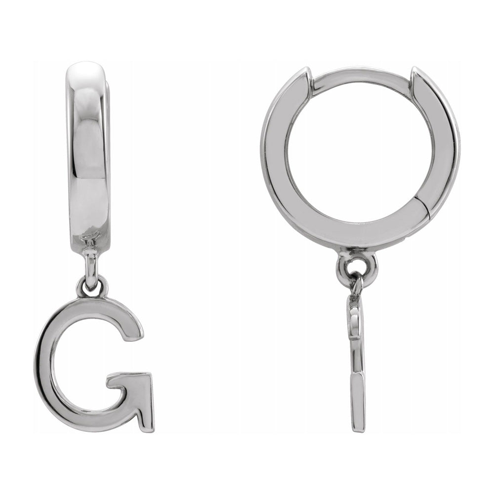 Single, 14k White Gold Initial G Dangle Hoop Earring, 7.25 x 21mm, Item E18502-G by The Black Bow Jewelry Co.