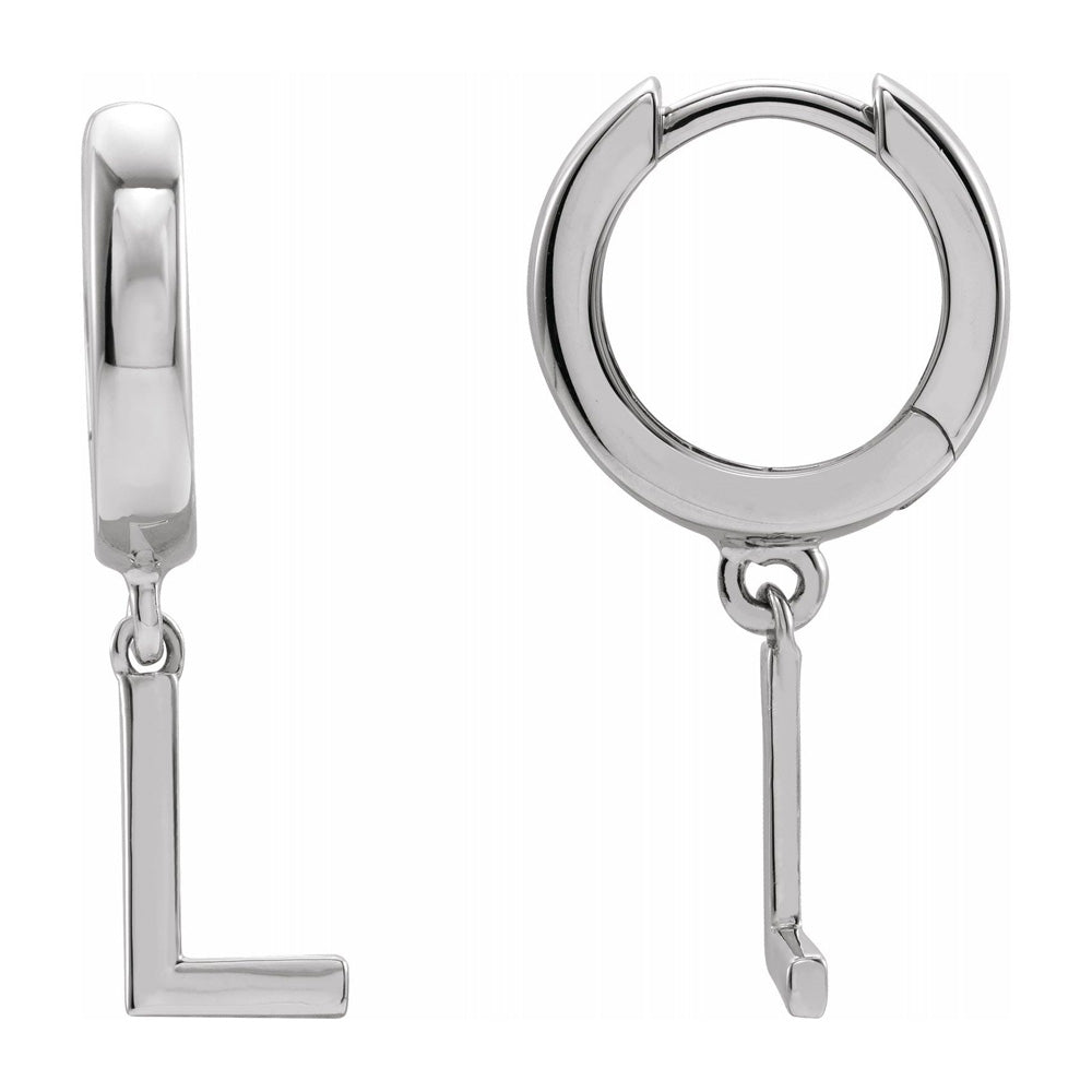 Single, 14k White Gold Initial L Dangle Hoop Earring, 5.5 x 21mm, Item E18502-L by The Black Bow Jewelry Co.
