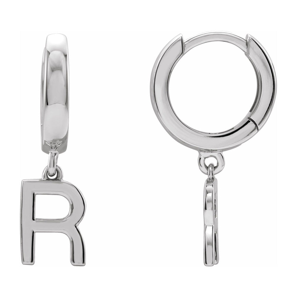 Single, 14k White Gold Initial R Dangle Hoop Earring, 6.25 x 21mm, Item E18502-R by The Black Bow Jewelry Co.