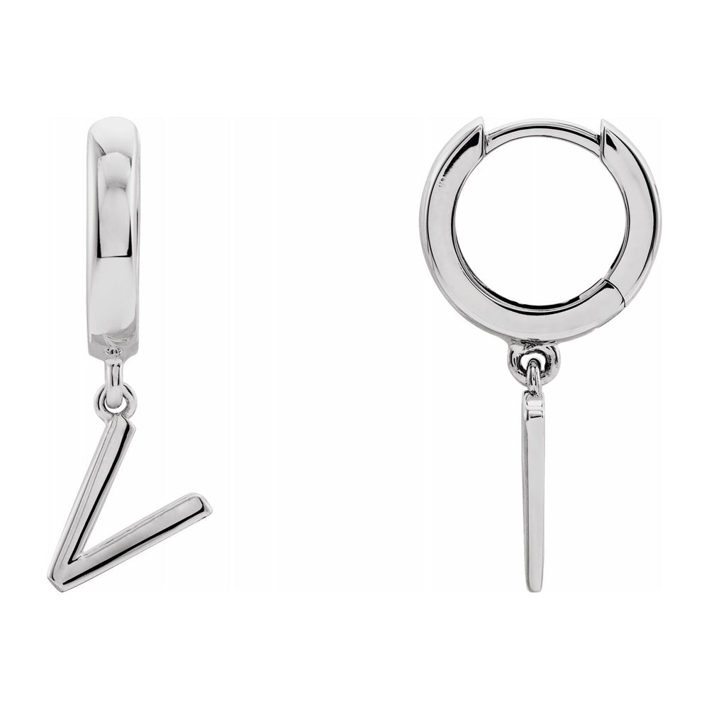 Single, 14k White Gold Initial V Dangle Hoop Earring, 7.5 x 21mm, Item E18502-V by The Black Bow Jewelry Co.