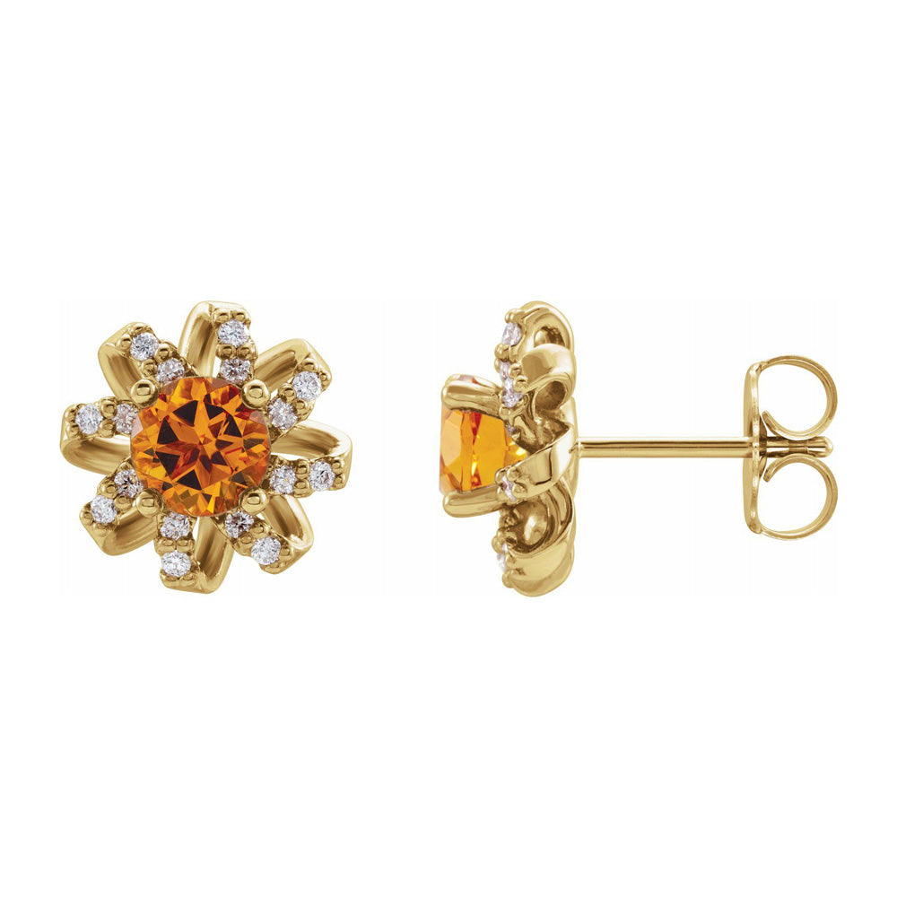 14K Yellow Gold, Citrine & 1/6 CTW Diamond 11mm Halo Post Earrings, Item E18505 by The Black Bow Jewelry Co.