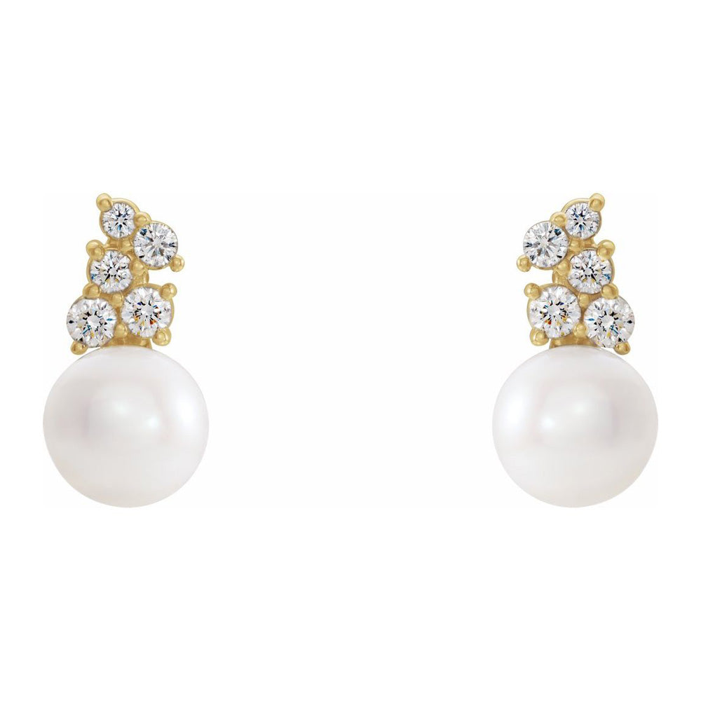 Alternate view of the 14K Yellow Gold FW Cultured Pearl 3/8CTW Diamond Post Earrings, 8x10mm by The Black Bow Jewelry Co.