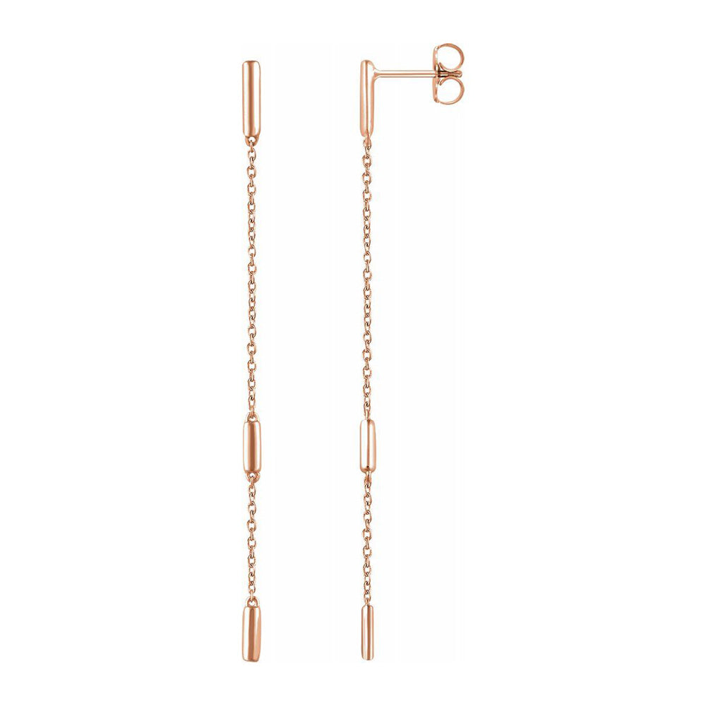 14K Yellow, White or Rose Gold Bar Chain Dangle Post Earrings, 2x68mm, Item E18513 by The Black Bow Jewelry Co.