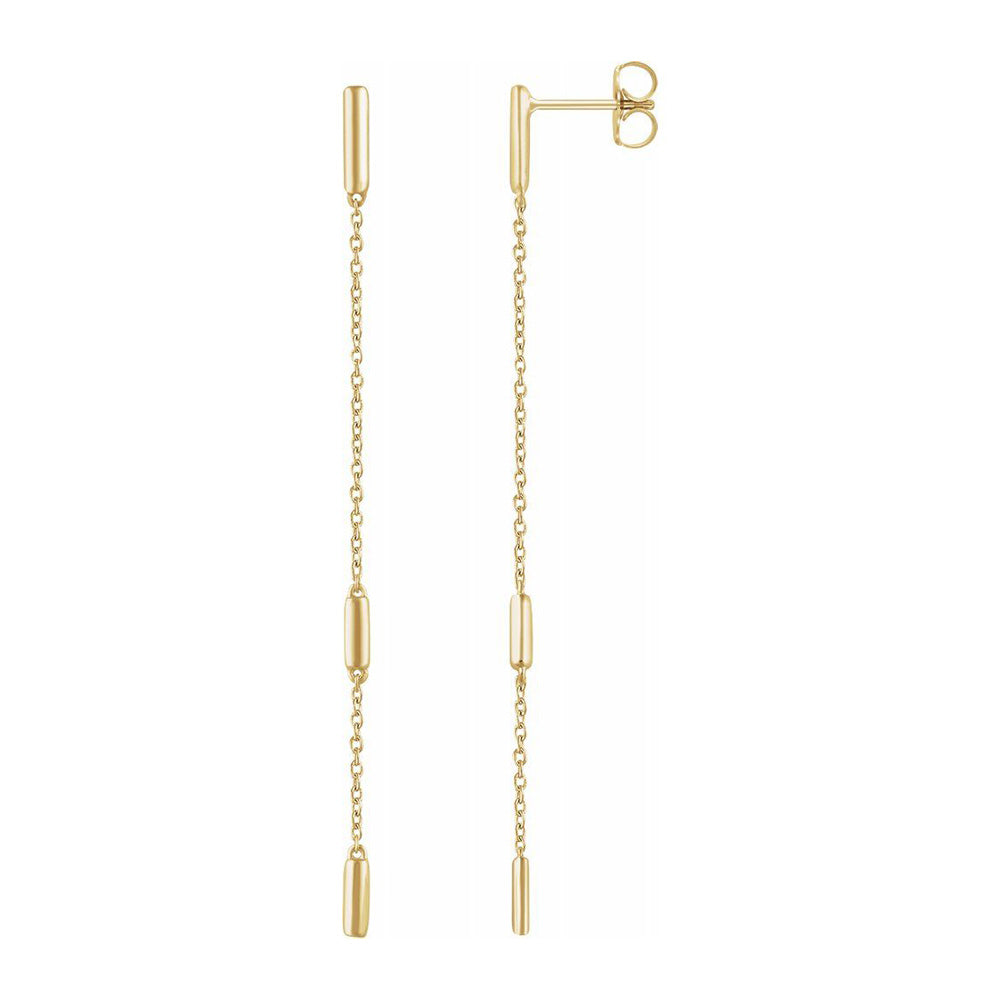 Alternate view of the 14K Yellow, White or Rose Gold Bar Chain Dangle Post Earrings, 2x68mm by The Black Bow Jewelry Co.