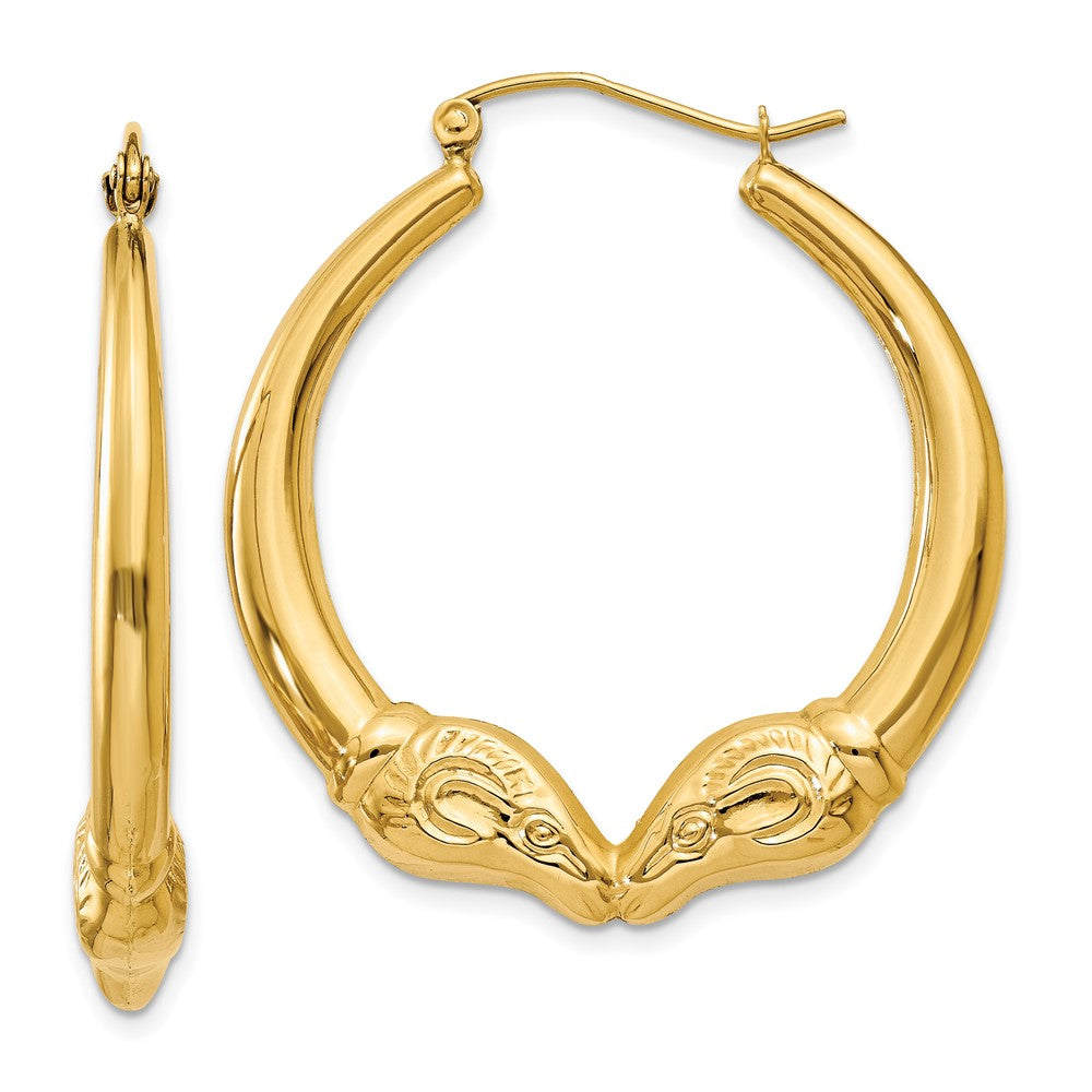 Double Headed Ram Hollow Hoop Earrings in 14k Yellow Gold, 32mm, Item E18552 by The Black Bow Jewelry Co.