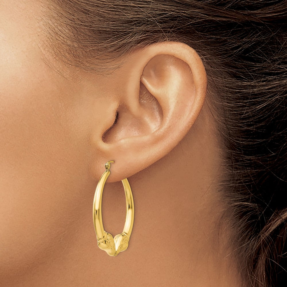 Alternate view of the Double Headed Ram Hollow Hoop Earrings in 14k Yellow Gold, 32mm by The Black Bow Jewelry Co.