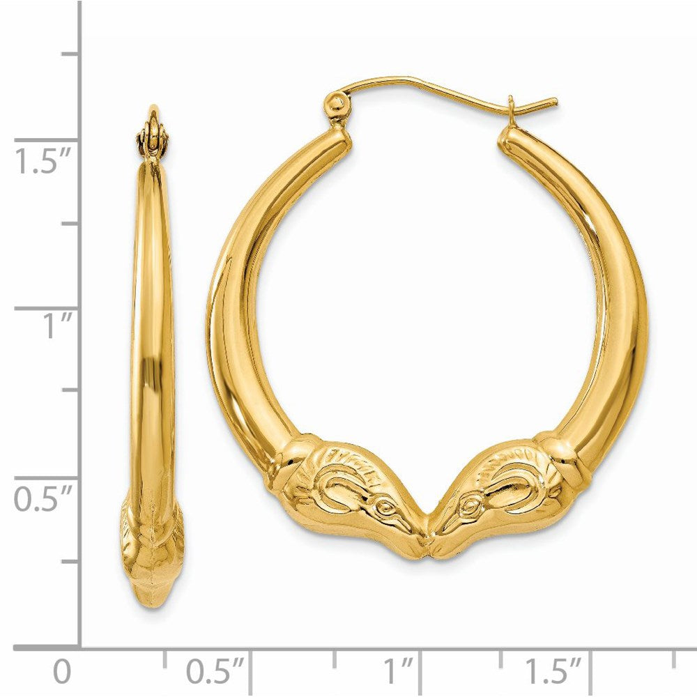 Alternate view of the Double Headed Ram Hollow Hoop Earrings in 14k Yellow Gold, 32mm by The Black Bow Jewelry Co.