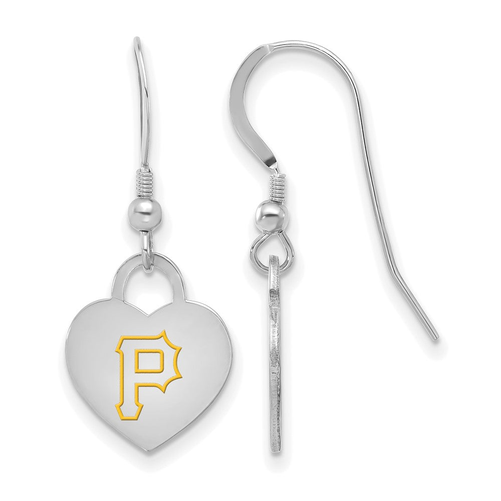 Sterling Silver MLB Pittsburgh Pirates SM Enamel Heart Dangle Earrings, Item E18559 by The Black Bow Jewelry Co.