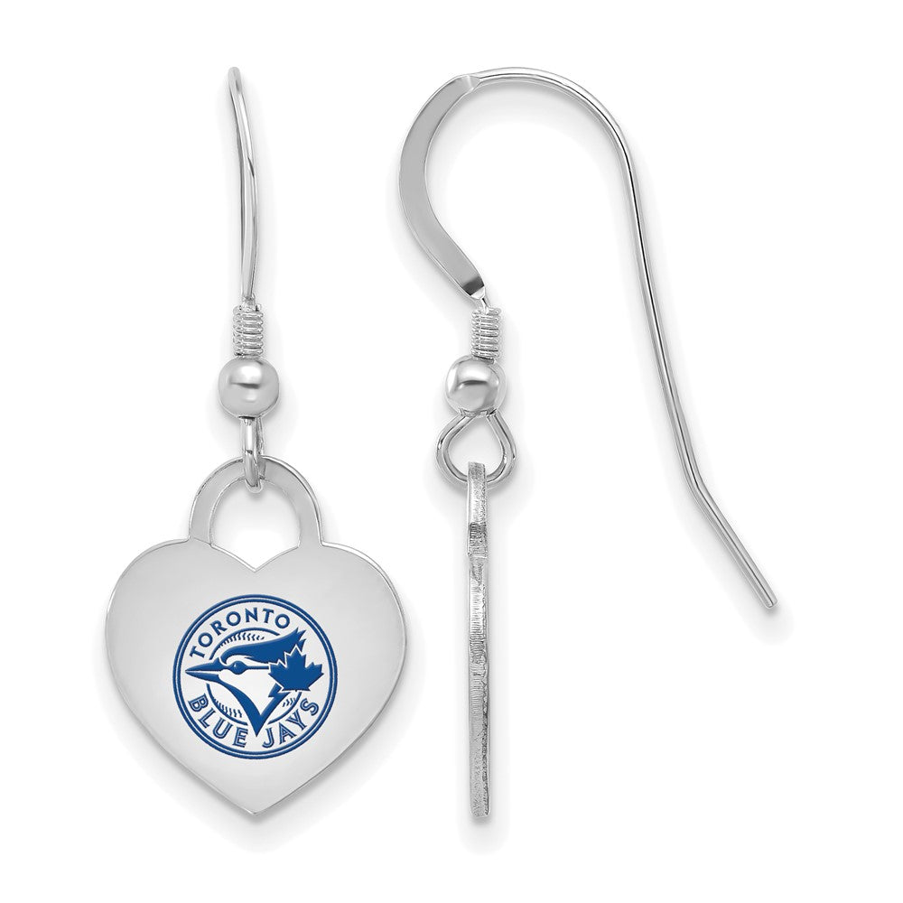 Sterling Silver MLB Toronto Blue Jays Enamel Heart Dangle Earrings, Item E18569 by The Black Bow Jewelry Co.