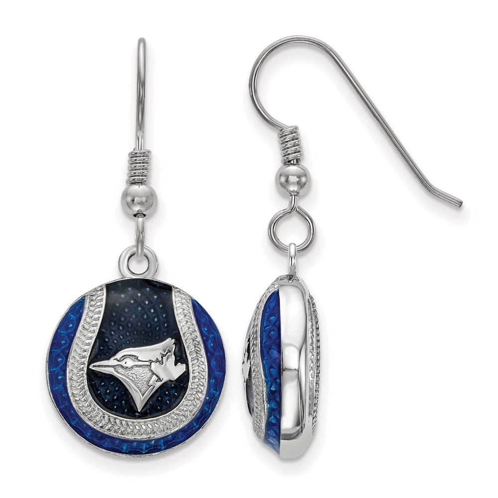Sterling Silver MLB Toronto Blue Jays MD Enamel Domed Dangle Earrings, Item E18570 by The Black Bow Jewelry Co.
