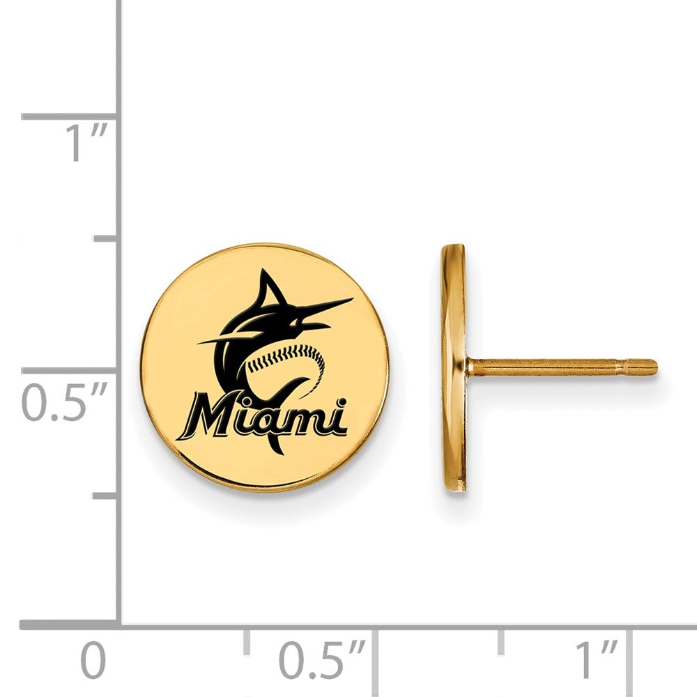 Alternate view of the 14K Gold Plated Silver MLB Miami Marlins SM Enamel Disc Post Earrings by The Black Bow Jewelry Co.