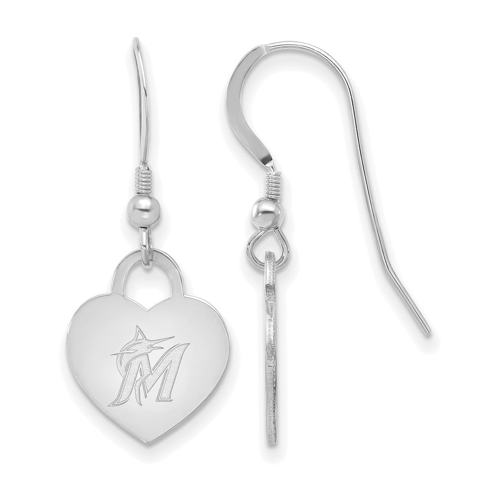 Sterling Silver MLB Miami Marlins SM Heart Dangle Earrings, Item E18580 by The Black Bow Jewelry Co.