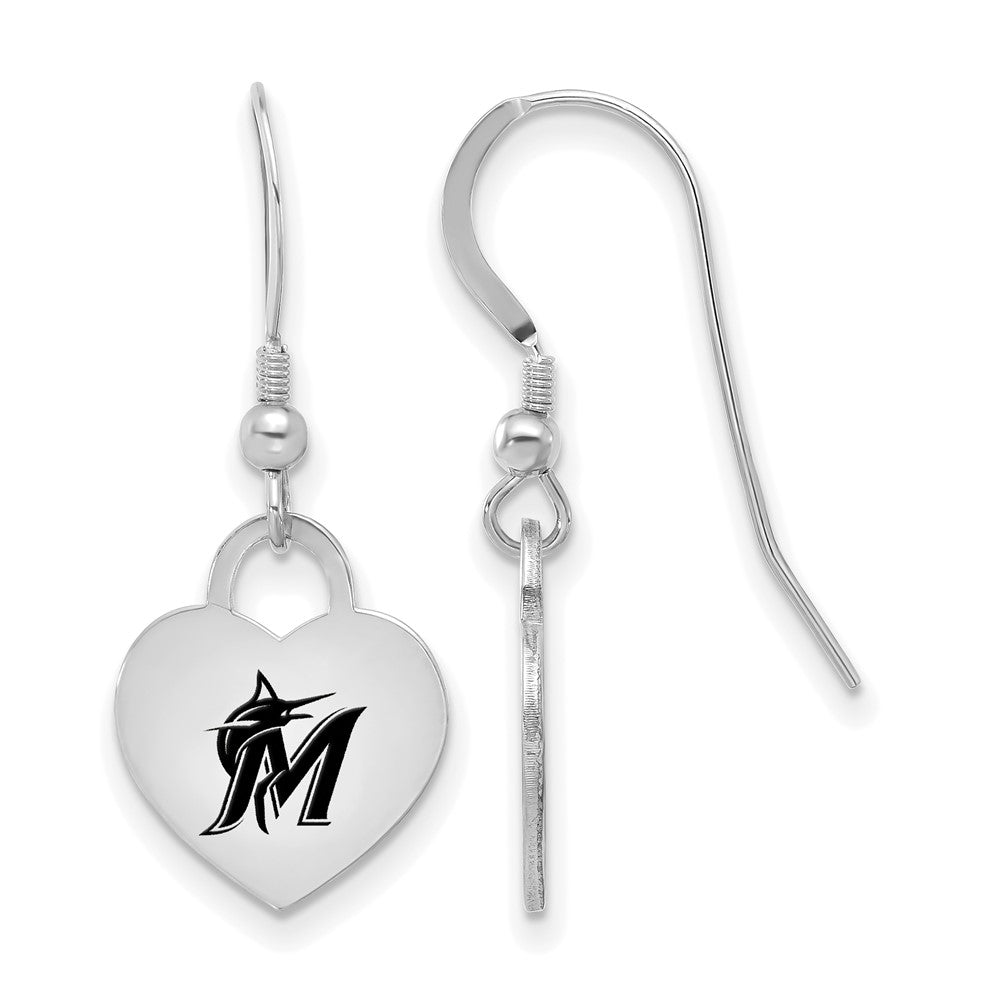Sterling Silver MLB Miami Marlins SM Enamel Heart Dangle Earrings, Item E18581 by The Black Bow Jewelry Co.