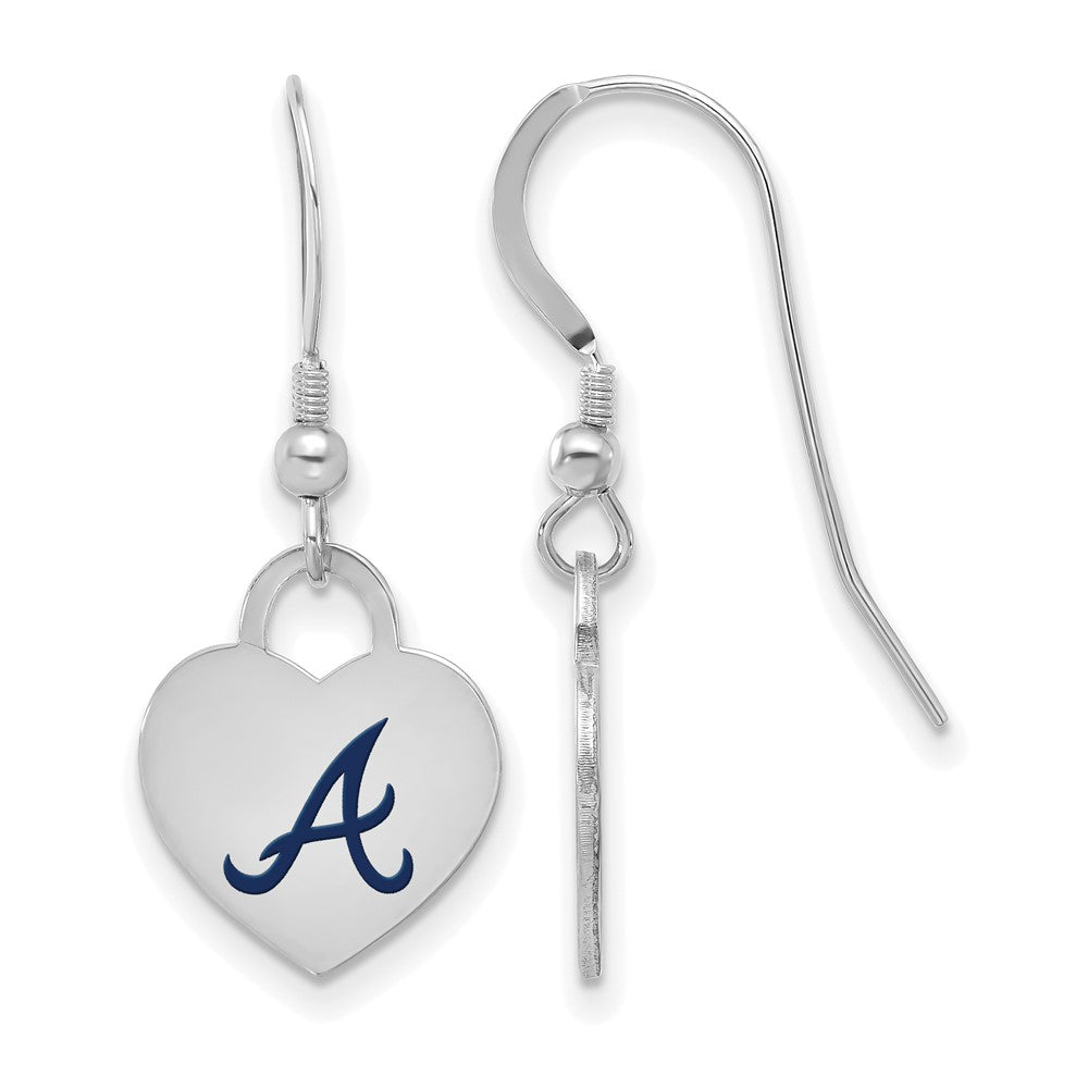 Sterling Silver MLB Atlanta Braves SM Enamel Heart Dangle Earrings, Item E18595 by The Black Bow Jewelry Co.