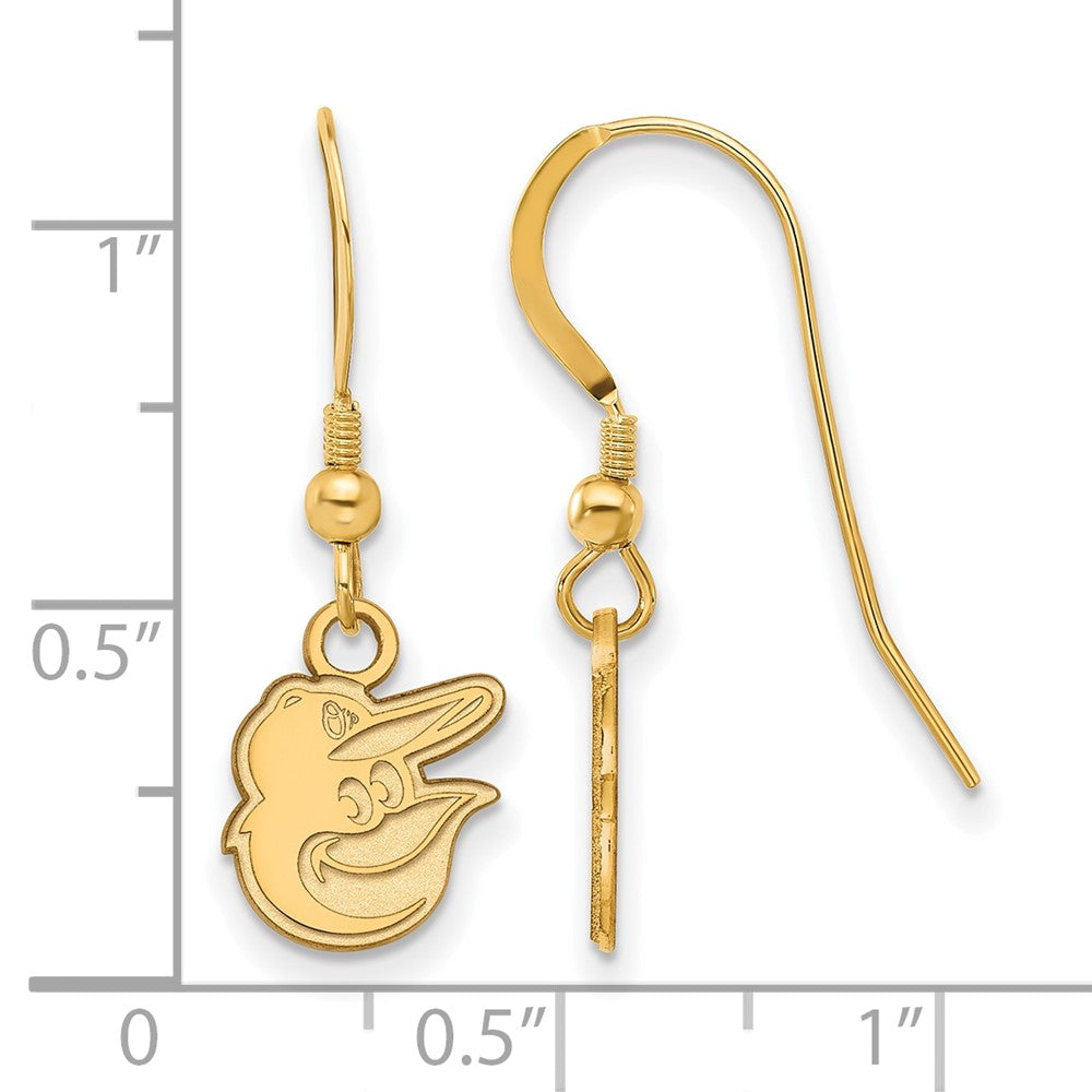 Alternate view of the 14K Gold Plated Silver MLB Baltimore Orioles XS Logo Dangle Earrings by The Black Bow Jewelry Co.