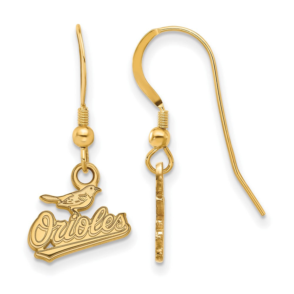 14K Gold Plated Silver MLB Baltimore Orioles XS Script Dangle Earrings, Item E18604 by The Black Bow Jewelry Co.